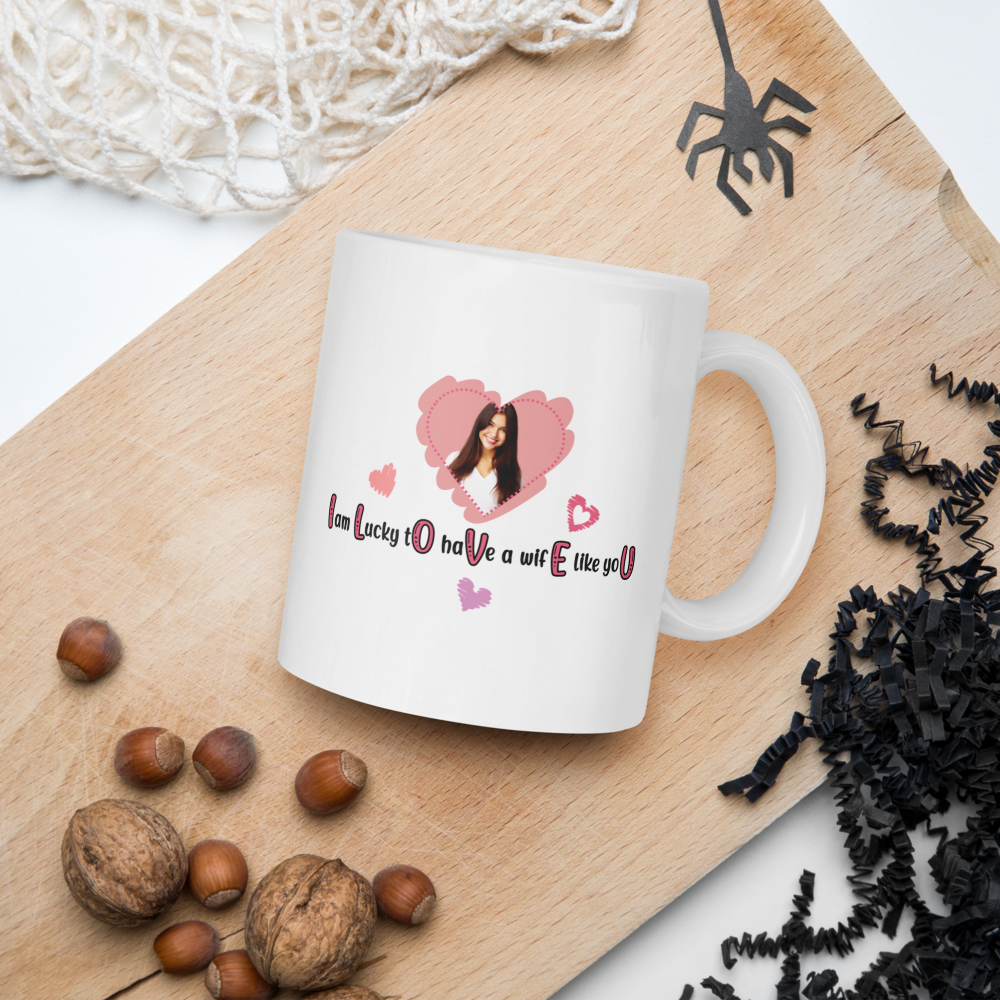 ILOVEU White Glosy Mug - Gift for Wife - Personalized Photo Mug with Heart Design