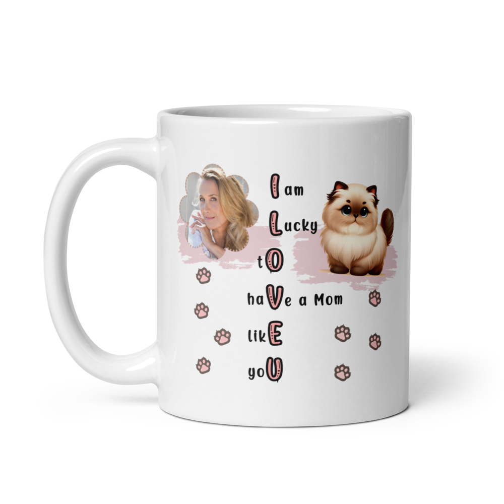 ILOVEU Personalized Gift for Wife -  Custom Photo Mug with Cute Cat Design - White Glossy Mug