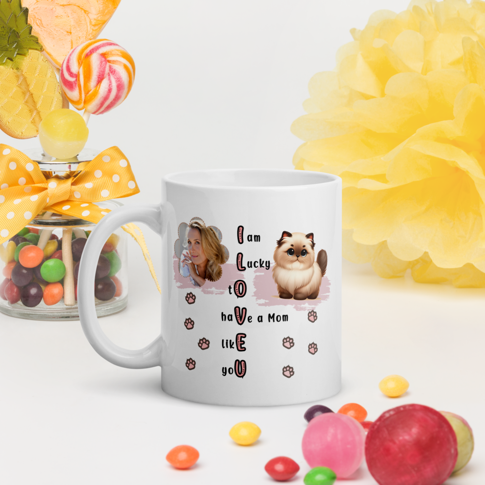 ILOVEU Personalized Gift for Wife -  Custom Photo Mug with Cute Cat Design - White Glossy Mug