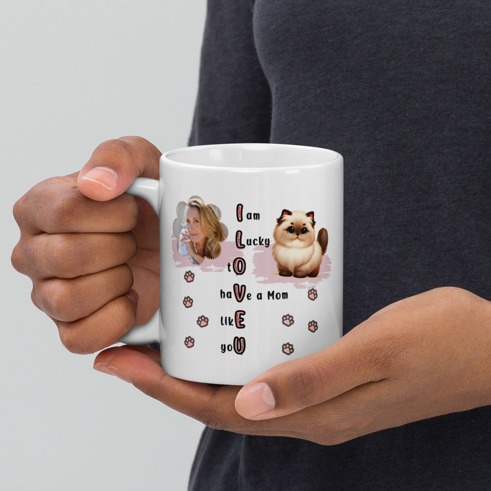 ILOVEU Personalized Gift for Wife -  Custom Photo Mug with Cute Cat Design - White Glossy Mug