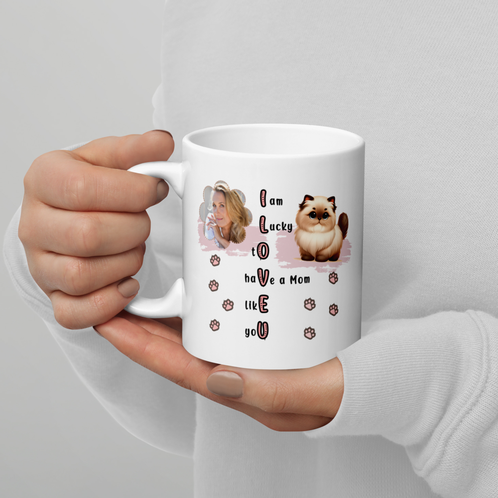 ILOVEU Personalized Gift for Wife -  Custom Photo Mug with Cute Cat Design - White Glossy Mug