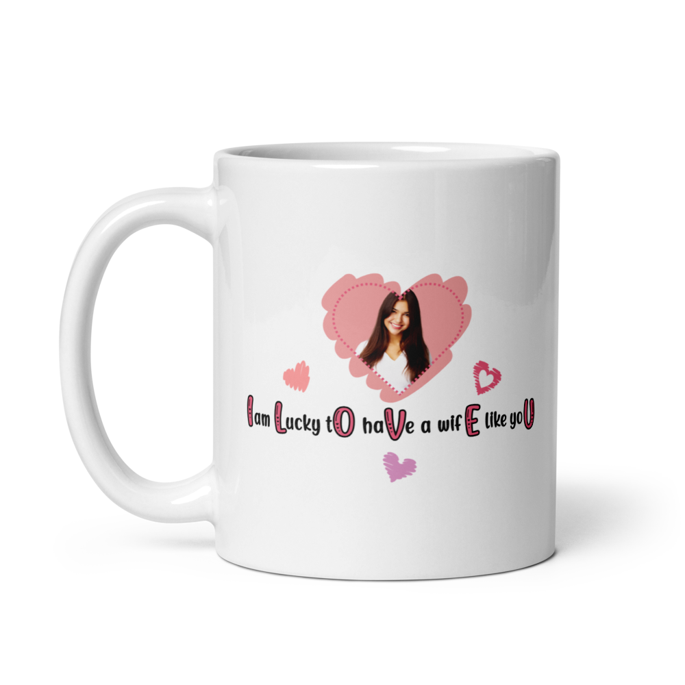 ILOVEU White Glosy Mug - Gift for Wife - Personalized Photo Mug with Heart Design