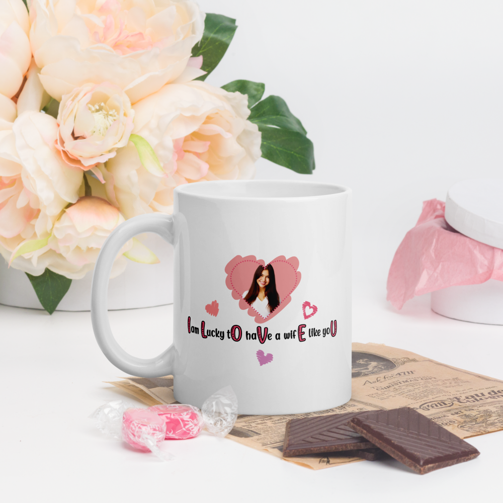 ILOVEU White Glosy Mug - Gift for Wife - Personalized Photo Mug with Heart Design