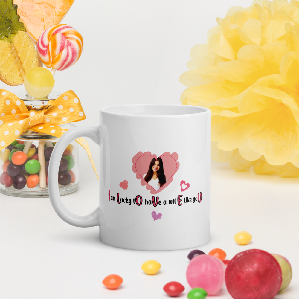 ILOVEU White Glosy Mug - Gift for Wife - Personalized Photo Mug with Heart Design