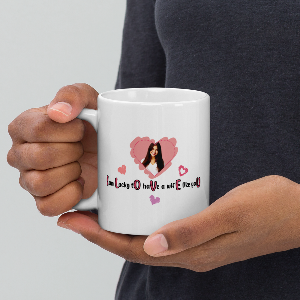 ILOVEU White Glosy Mug - Gift for Wife - Personalized Photo Mug with Heart Design