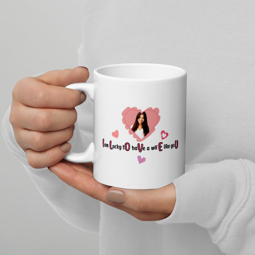 ILOVEU White Glosy Mug - Gift for Wife - Personalized Photo Mug with Heart Design