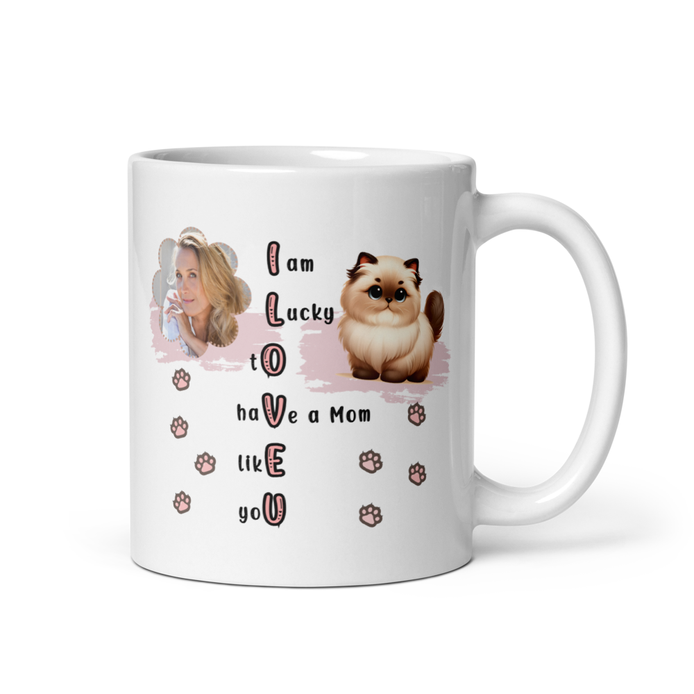 ILOVEU Personalized Gift for Wife -  Custom Photo Mug with Cute Cat Design - White Glossy Mug