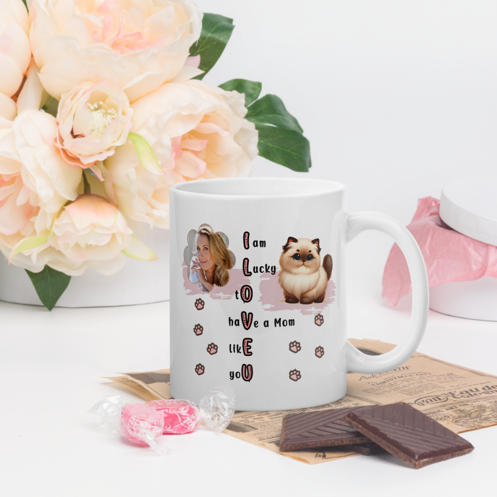 ILOVEU Personalized Gift for Wife -  Custom Photo Mug with Cute Cat Design - White Glossy Mug