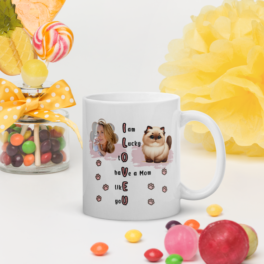 ILOVEU Personalized Gift for Wife -  Custom Photo Mug with Cute Cat Design - White Glossy Mug