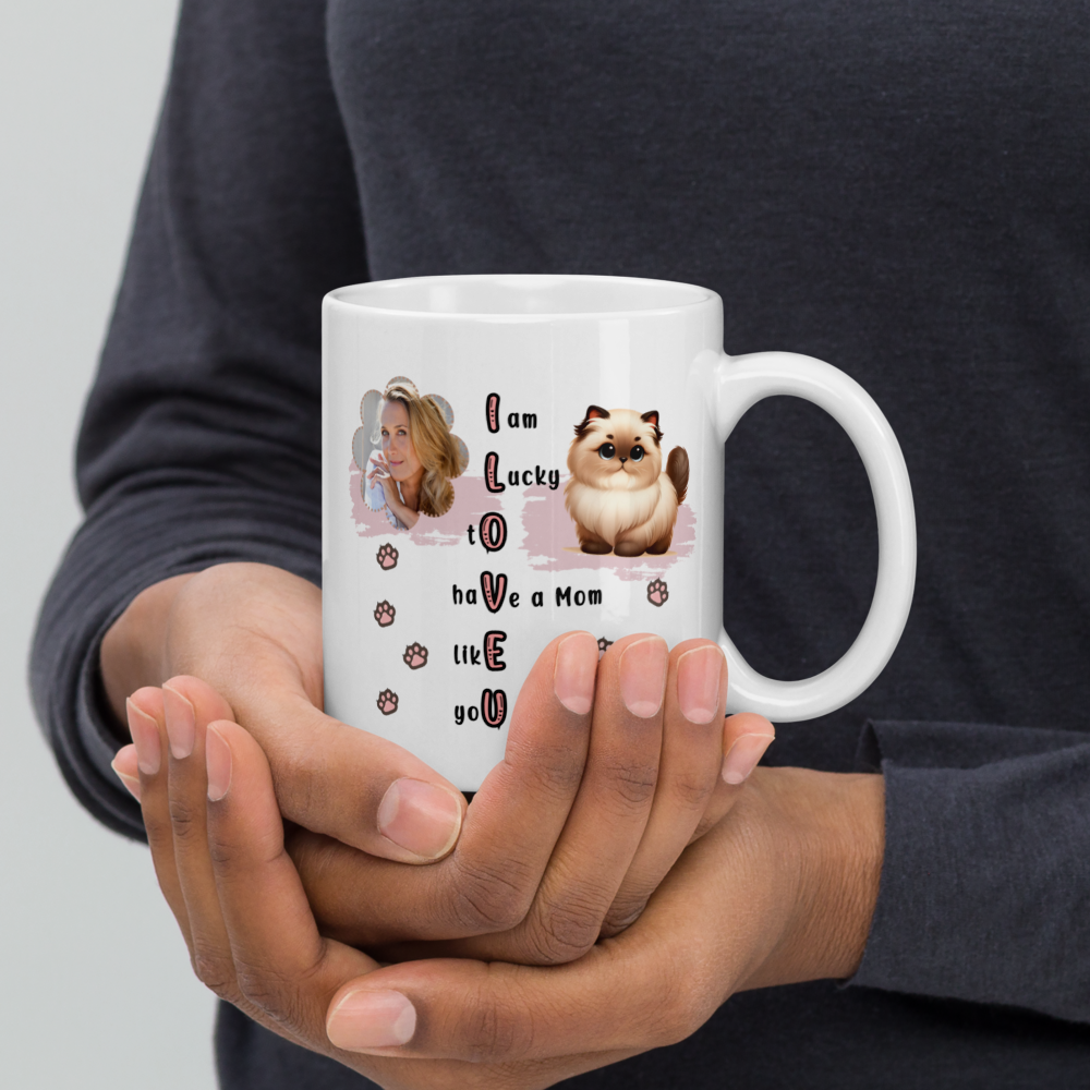 ILOVEU Personalized Gift for Wife -  Custom Photo Mug with Cute Cat Design - White Glossy Mug