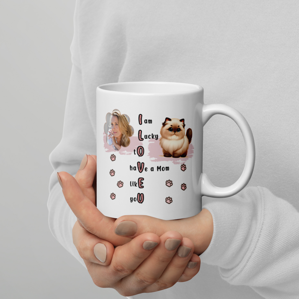 ILOVEU Personalized Gift for Wife -  Custom Photo Mug with Cute Cat Design - White Glossy Mug