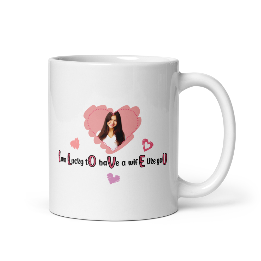 ILOVEU White Glosy Mug - Gift for Wife - Personalized Photo Mug with Heart Design