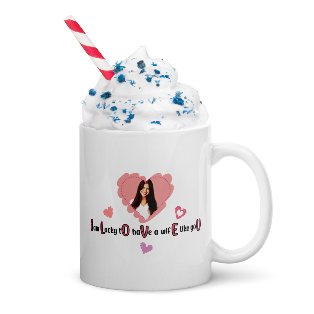 ILOVEU White Glosy Mug - Gift for Wife - Personalized Photo Mug with Heart Design