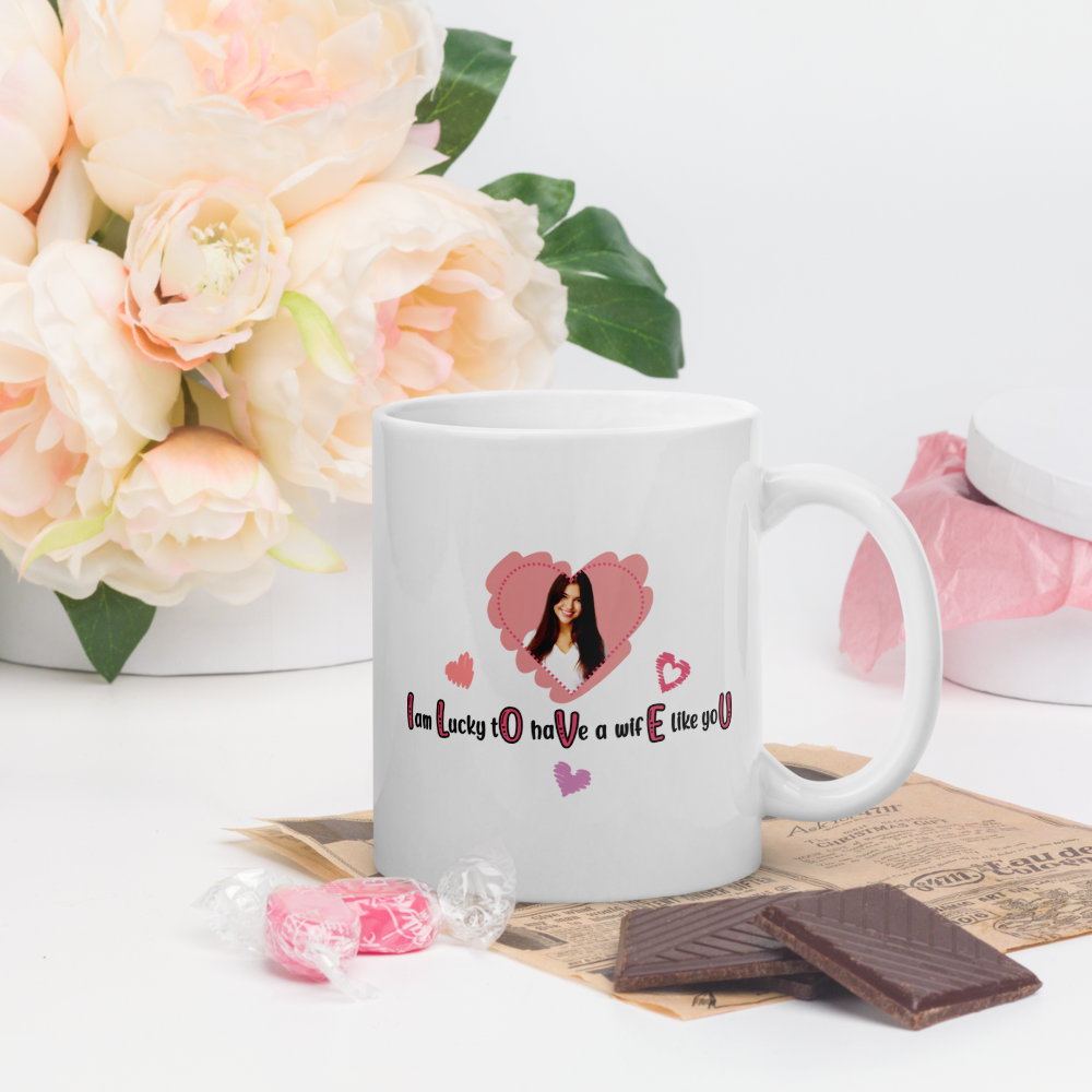 ILOVEU White Glosy Mug - Gift for Wife - Personalized Photo Mug with Heart Design