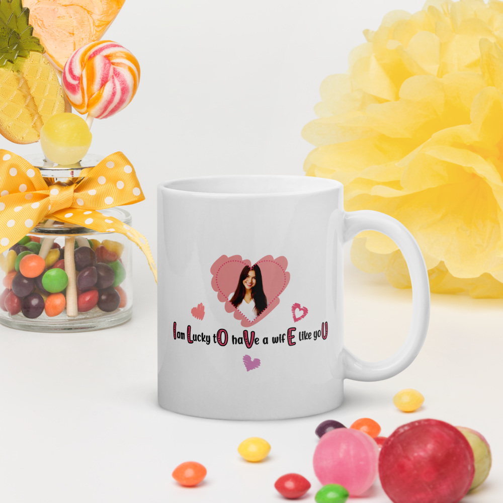 ILOVEU White Glosy Mug - Gift for Wife - Personalized Photo Mug with Heart Design