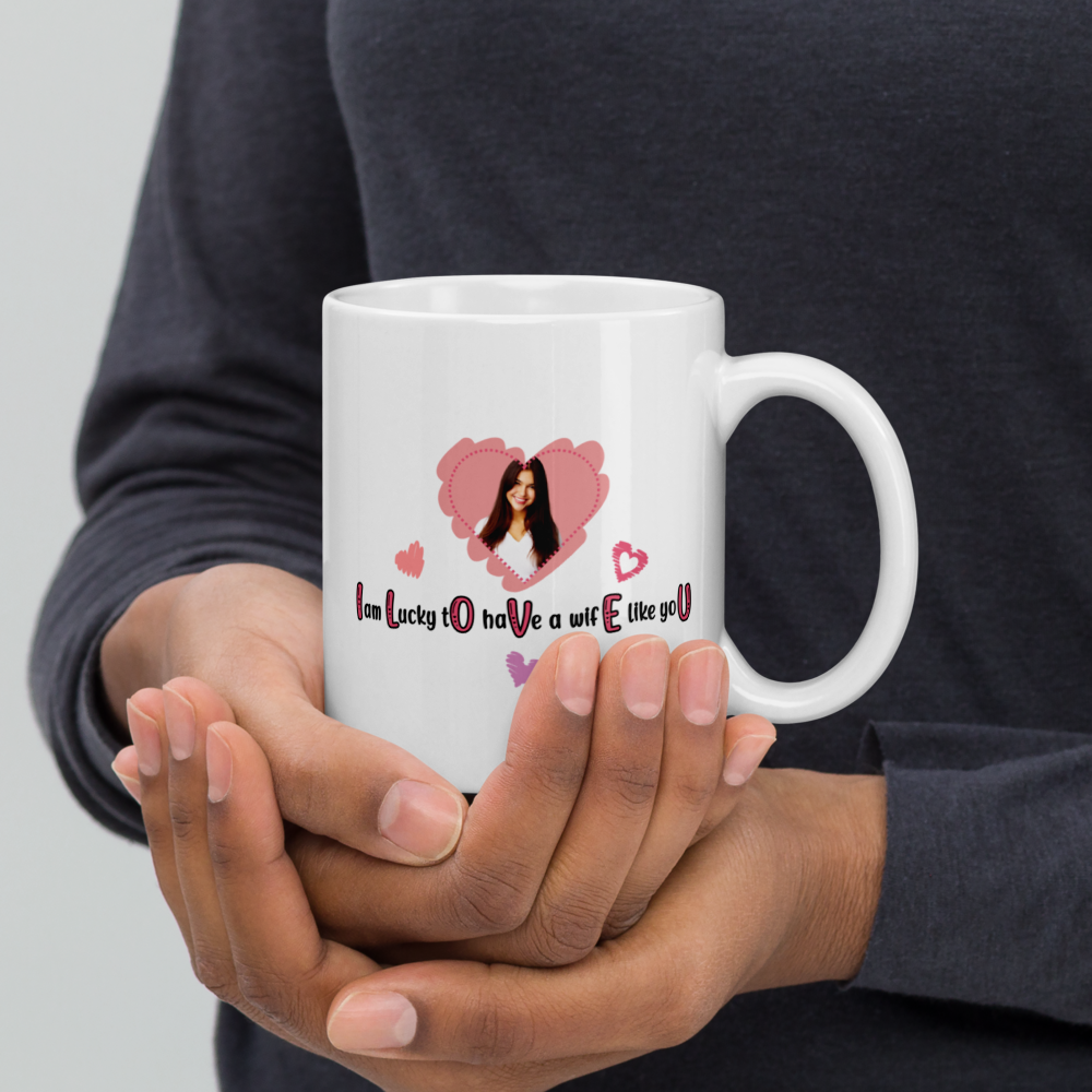 ILOVEU White Glosy Mug - Gift for Wife - Personalized Photo Mug with Heart Design