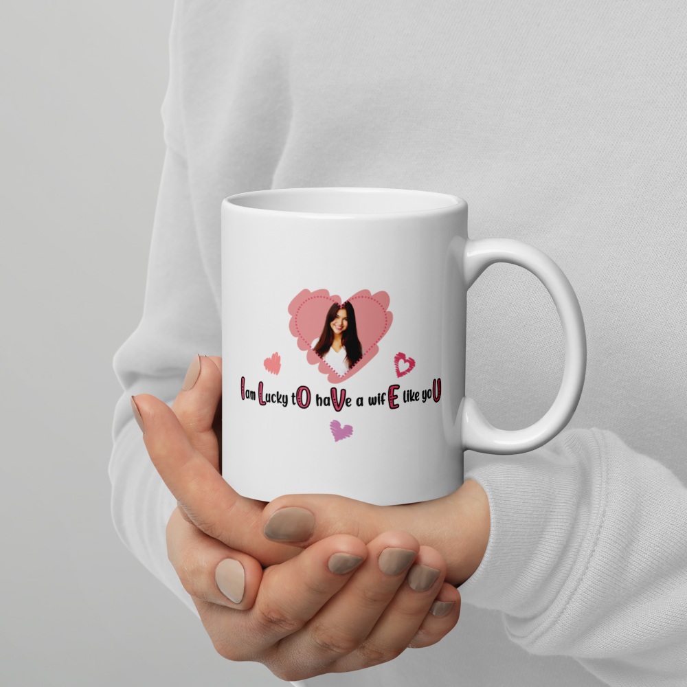 ILOVEU White Glosy Mug - Gift for Wife - Personalized Photo Mug with Heart Design