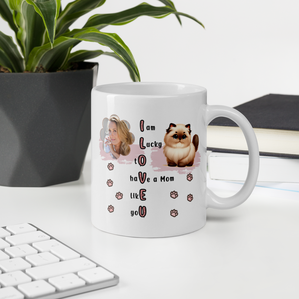 ILOVEU Personalized Gift for Wife -  Custom Photo Mug with Cute Cat Design - White Glossy Mug